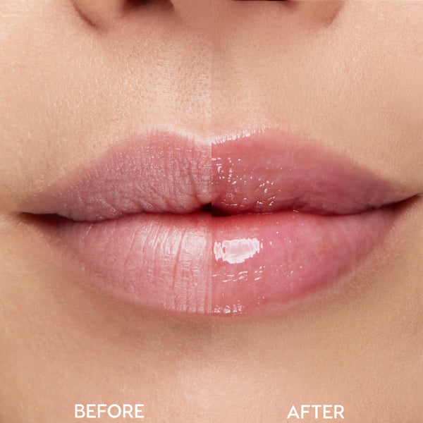 Close-up lips in a split-screen before-and-after: left side looks dry and matte, right side appears smoother with a pink, glossy finish after application, showcasing lip results from the As Old As Time ColourPop Shadow Palette, Cheek, & Lip Set.