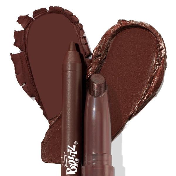 Deep chocolate brown Bratz x ColourPop Lippie Stix and lip pencil centered on a heart-shaped matte-and-shimmer swatch on white, highlighting the shade from the Bratz x ColourPop Full Collection set; ColourPop Lippie Kit.