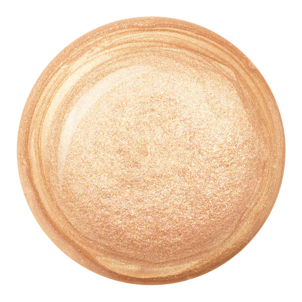 Immediately Yes ColourPop Liquid Highlighter droplet swirling and gleaming, a warm champagne‑gold shimmer with fine sparkle and marbled edges, shown as a large pooled swatch on a white background.