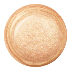 Immediately Yes ColourPop Liquid Highlighter droplet swirling and gleaming, a warm champagne‑gold shimmer with fine sparkle and marbled edges, shown as a large pooled swatch on a white background.