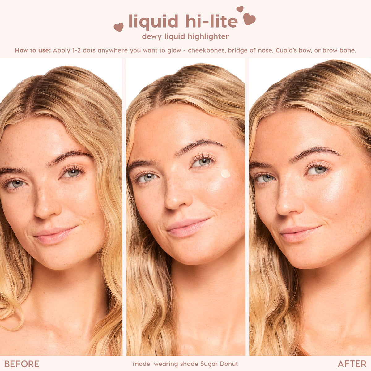 Model applying Colourpop Pink Pony liquid highlighter with three side-by-side before, during, and after shots, showing dewy glow on cheekbones to demonstrate Bronzer & Highlighter application results.