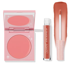 ColourPop Mood 24/7 Cheek & Lip Set shows a pink compact open to a peachyβpink blush beside an Ultra Blotted Lip tube with doeβfoot wand and warm terracotta swatch on a white background with star accents, a versatile ColourPop Cheek & Lip Set for daily wear.