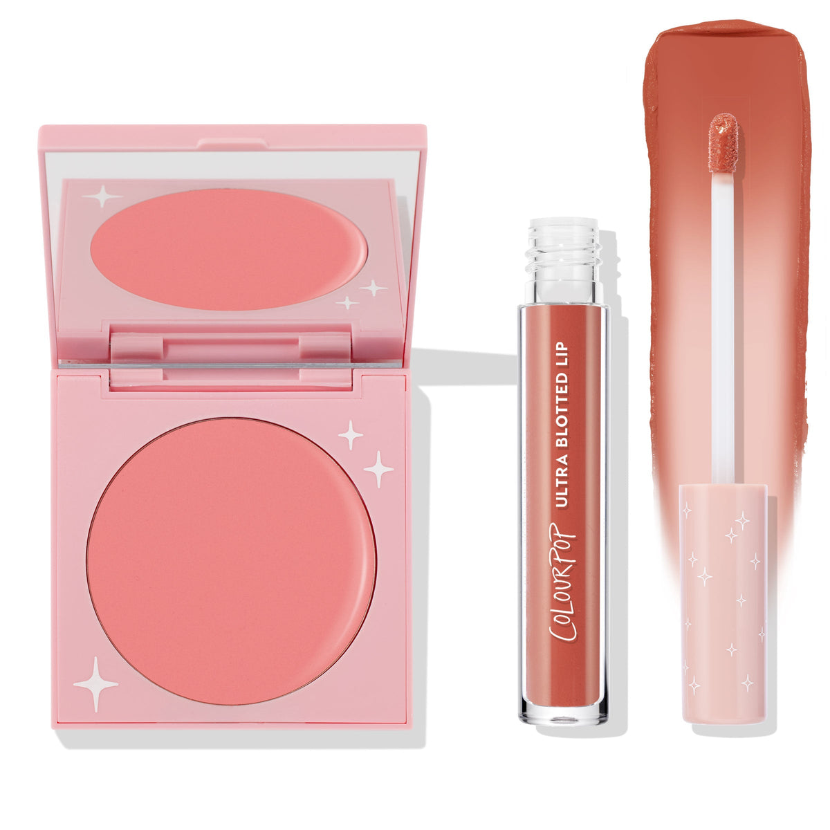 ColourPop Mood 24/7 Cheek & Lip Set shows a pink compact open to a peachyβpink blush beside an Ultra Blotted Lip tube with doeβfoot wand and warm terracotta swatch on a white background with star accents, a versatile ColourPop Cheek & Lip Set for daily wear.