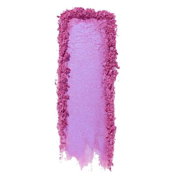 Moon Kingdom ColourPop Pressed Powder Highlighter swatch glides in a vertical stripe of shimmery lavender-lilac with magenta crushed edges, shown on a white background to highlight its cool-toned glow.