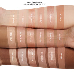 Bare Necessities ColourPop Shadow Palette swatches shown on three arms, displaying pressed powder eyeshadows Idol Hour, In the Buff, Silk Teddy, On Holiday, Rumored, and Banter in matte and shimmer nude tones against a white backdrop.