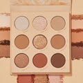 ColourPop Blushing Nude shadow palette set opens to nine neutral pans - matte and shimmer shades like Bluffin’, Wink Wink, and The Cocoa - shown with coordinating swatches surrounding the compact in warm beige, rose, and cocoa tones.