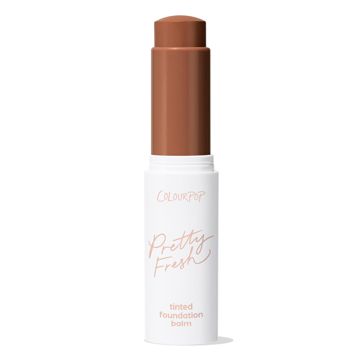 ColourPop Pretty Fresh Tinted Foundation Balm in Deep Dark 21 standing uncapped, twist-up stick revealing a rich deep-brown shade, housed in a sleek white tube with blush script branding against a clean white background.