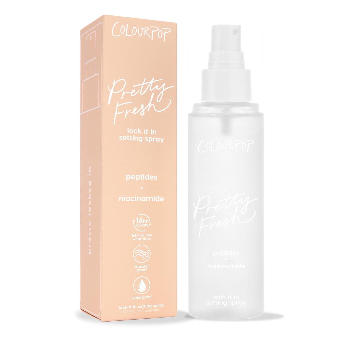 ColourPop Pretty Fresh Setting Spray Lock It In bottle stands beside a peach box on white, a frosted 3.4 fl oz mister with peptides and niacinamide, offering 16-hour wear, transfer-proof, waterproof makeup hold.