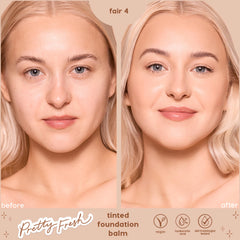 Split-screen before-and-after of a model wearing ColourPop Pretty Fresh Tinted Foundation Balm, shade Fair 4 - bare skin left, smooth dewy even coverage right; beige backdrop with Pretty Fresh logo and icons for vegan, hyaluronic acid, dermatologist tested.