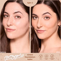 Before-and-after model wearing ColourPop Pretty Fresh Tinted Foundation Balm in Light 6, evening skin tone to a smooth, natural finish; split studio close-ups with product callouts: vegan, hyaluronic acid, dermatologist tested.