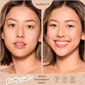 ColourPop Pretty Fresh Tinted Foundation Balm shade Medium 11 shows a split-screen before and after on a model’s face, revealing even, dewy coverage and smoother skin; vegan formula with hyaluronic acid, dermatologist tested.
