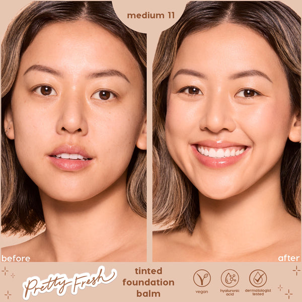 ColourPop Pretty Fresh Tinted Foundation Balm shade Medium 11 shows a split-screen before and after on a model’s face, revealing even, dewy coverage and smoother skin; vegan formula with hyaluronic acid, dermatologist tested.