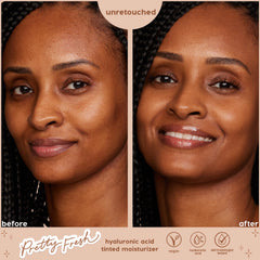 Split-screen model shows before and after application, smoothing uneven tone and adding a dewy glow with ColourPop Pretty Fresh Tinted Moisturizer in Dark 17 N; unretouched close-ups highlight vegan, hyaluronic acid, dermatologist tested claims.