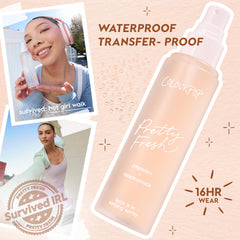 Peach-toned Lock It In bottle misting to set makeup, highlighting ColourPop Pretty Fresh Setting Spray with peptides and niacinamide; waterproof, transfer-proof, 16HR wear, shown with workout and walk snapshots proving real-life durability.