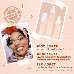ColourPop Hydrating Prime + Set face set - three Pretty Fresh bottles with mist sprayers - standing on a peach backdrop, shown beside a smiling model; callouts highlight that it refreshes skin, layers over foundation, and perfects makeup.