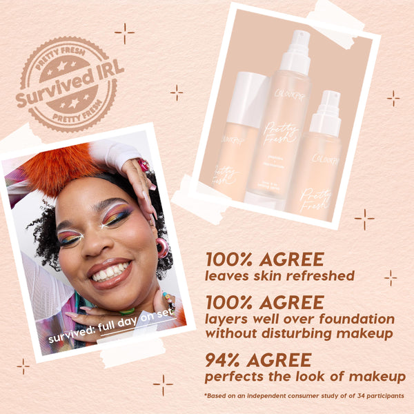 ColourPop Hydrating Prime + Set face set - three Pretty Fresh bottles with mist sprayers - standing on a peach backdrop, shown beside a smiling model; callouts highlight that it refreshes skin, layers over foundation, and perfects makeup.