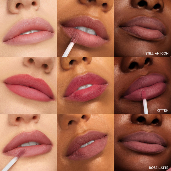 Pink Plz Ultra Blotted Lip by ColourPop swatched on a 3x3 grid of lips, with a doe-foot applicator applying and worn, showing soft-focus matte shades Still an Icon, Kitten, and Rose Latte across light, medium, and deep skin tones.