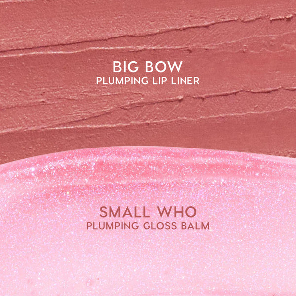 ColourPop Pinky Who So Juicy Plumping Gloss Stick swatch shown with Big Bow plumping lip liner: a textured matte mauve strip above a sheer, glittery baby‑pink gloss labeled Small Who, displayed in a close‑up studio layout.
