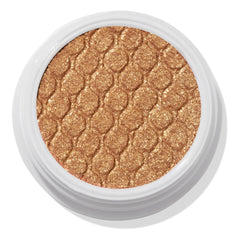 Golden bronze Pledge Class ColourPop Super Shock Shadow shimmers with metallic sparkle in a quilted, scale-textured pan, housed in a round white pot on a clean white background.