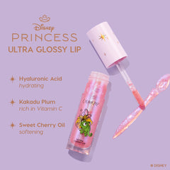 Colourpop Disney Princess Ultra Glossy Lip gloss tube with sparkly pink formula and wand applicator on a lavender background, highlighting hydrating hyaluronic acid, vitamin C–rich Kakadu plum, and softening sweet cherry oil benefits.