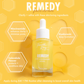 Remedy 10% Niacinamide Serum dropper bottle by Fourth Ray Beauty standing upright against a sunny yellow background with serum droplets and hexagon ingredient callouts - niacinamide, hyaluronic, calendula; ColourPop Face Serum, 0.95 fl oz (28 mL).