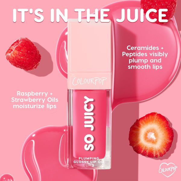 ColourPop So Juicy Lip Oil Set - Juicy Moment - single pink lip oil bottle stands upright, showcasing plumping glossy formula; raspberry and strawberry oils, ceramides, and peptides called out, with berries and glossy pink spills on a pink backdrop.