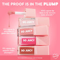 ColourPop So Juicy Lip Oil Set It’s Giving Juicy stacked tubes with a dripping doe-foot applicator, showing clear, pink, and nude shades on a pink backdrop; infographic highlights glass-like shine, smoother lip lines, and a fuller look.