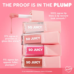 ColourPop So Juicy Lip Oil Set 100% Juicy, four stacked gloss tubes in nude, pink, and brown with a doe-foot applicator dripping gloss, showcasing plumping, smoothing, glass-like shine claims against a pink backdrop.