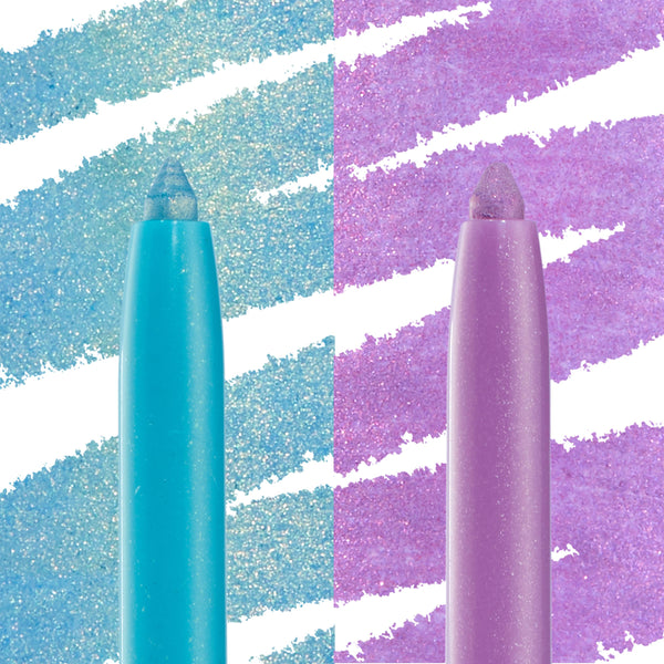 Tokyo Love ColourPop Crème Gel Liner standing with tip exposed beside a second shimmery shade, with bold swatches behind - aqua on the left and lilac on the right - showing creamy, glitter-flecked payoff for precise eye looks.