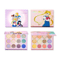 ColourPop Shadow Palette Set Prettiest in the Cosmos showcases two Sailor Moon 12-pan palettes with pastel mattes and glittery shimmers in pink cases with Sailor Guardians artwork, displayed open and closed on a clean white background.
