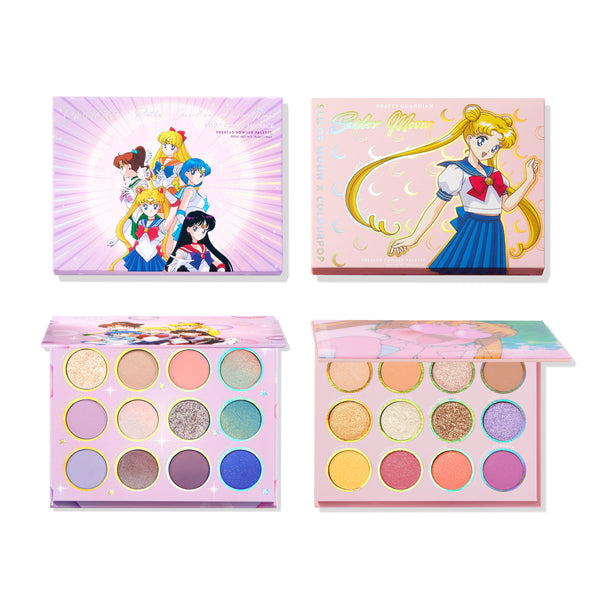 ColourPop Shadow Palette Set Prettiest in the Cosmos showcases two Sailor Moon 12-pan palettes with pastel mattes and glittery shimmers in pink cases with Sailor Guardians artwork, displayed open and closed on a clean white background.