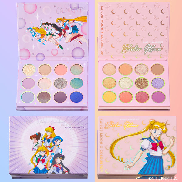 Prettiest in the Cosmos ColourPop Shadow Palette Set shown open and closed, two 12-pan Sailor Moon x ColourPop palettes with pastel mattes and glittery shimmers in pink-lavender packaging, on a blue-to-purple gradient background.