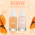 Renew ColourPop Skin Refining Duo showcasing two Fourth Ray Beauty glass dropper bottles - Reveal 10% AHA serum (.95 fl oz) and Papaya Face Milk (.95 fl oz) - standing side by side with papaya slices and serum droplets on a peach backdrop for softer skin.