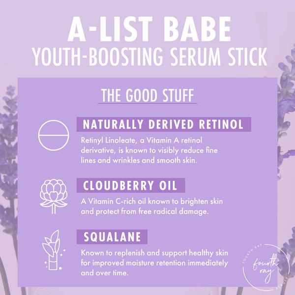 Infographic highlights A-List Babe Youth‑Boosting Serum Stick from the Best Face Scenario ColourPop Face Set, listing naturally derived retinol (Retinyl Linoleate), cloudberry oil, and squalane benefits on a lavender background with Fourth Ray Beauty branding.