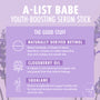Infographic highlights A-List Babe Youth‑Boosting Serum Stick from the Best Face Scenario ColourPop Face Set, listing naturally derived retinol (Retinyl Linoleate), cloudberry oil, and squalane benefits on a lavender background with Fourth Ray Beauty branding.