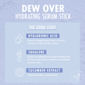 Dew Over Hydrating Serum Stick infographic highlights hyaluronic acid, squalene, and cucumber extract benefits on a rippled blue background with Fourth Ray Beauty branding, part of the Best Face Scenario ColourPop Face Set.