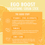 ColourPop Serum Stick Ego Boost presented on an orange, citrus-style infographic highlighting Vitamin C (THD ascorbate), turmeric, and camu camu; benefits include brightening, evening tone, environmental defense, collagen support, and boosted radiance.