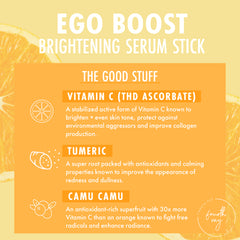 ColourPop Serum Stick Ego Boost presented on an orange, citrus-style infographic highlighting Vitamin C (THD ascorbate), turmeric, and camu camu; benefits include brightening, evening tone, environmental defense, collagen support, and boosted radiance.