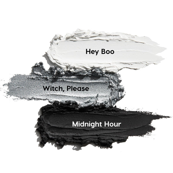 Totally Wicked ColourPop Shadow Stix trio swatches streak across a white backdrop - matte white Hey Boo, metallic silver Witch, Please, and matte black Midnight Hour - showcasing creamy, blendable eye color.