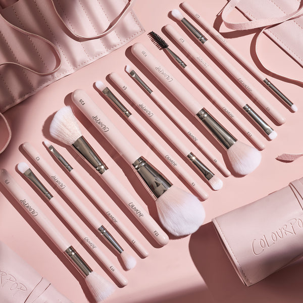 Smoke 'N Roses Brush Roll displaying a full ColourPop Makeup Brush Kit: pink-handled powder, blush, eyeshadow, angled liner, and spoolie brushes with silver ferrules, arranged in a flat lay beside a blush-pink roll-up case embossed ColourPop.