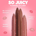 ColourPop So Juicy Plumping Lip Liner Set, Total Slay, four twist-up nude lip liner pencils stand upright with glossy droplets, tips exposed; callouts note no need to sharpen, visibly plumps, and shape + define against a pink gradient backdrop.