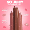 ColourPop So Juicy Plumping Lip Liner with Peptides in Westwood stands upright with a twist-up tip and dewy droplets, flanked by three nude shades; pink gradient backdrop reads SO JUICY with callouts: No need to sharpen, Visibly plumps, Shape + define.