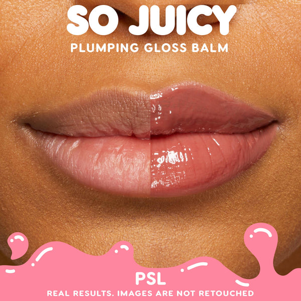 Glossed lips showing a split-screen before-and-after: left bare, right coated in She's So Juicy PSL for a high-shine, fuller look; studio close-up highlighting ColourPop So Juicy Plumping Gloss Balm with Peptides results.