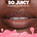 Close-up lips go from bare to glossy in a before-and-after GIF, showcasing the Lychee Jelly shade from 100% Juicy, the ColourPop So Juicy Lip Oil Set, delivering plumped, high-shine hydration with real, unretouched results.