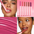 ColourPop So Juicy Plumping Gloss Balm with Peptides glides onto lips as two models apply So Balm, showing a high-shine, cushy finish; a lineup of six pink twist-up tubes spans nude to berry tones, with a glossy pink swatch highlighting color payoff.