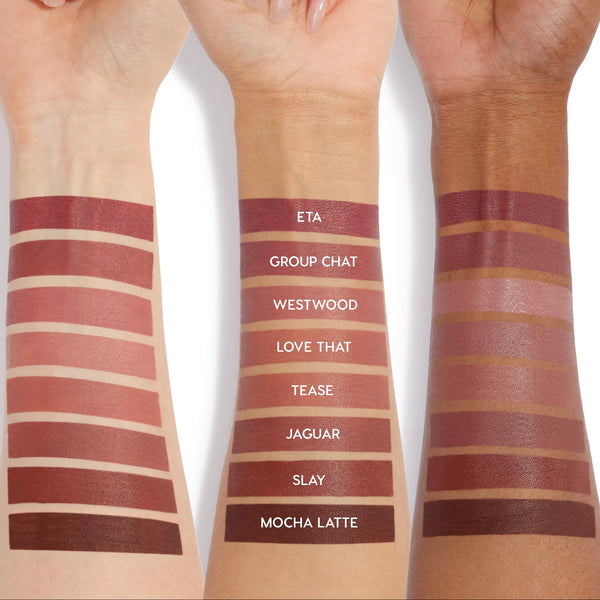 Swatches of ColourPop So Juicy Plumping Lip Liner & Balm Set, Go-To Lip, shown on three forearms (light, medium, deep) with shades labeled top to bottom: ETA, Group Chat, Westwood, Love That, Tease, Jaguar, Slay, Mocha Latte on a white background.
