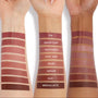 Swatches of ColourPop So Juicy Plumping Lip Liner & Balm Set, Go-To Lip, shown on three forearms (light, medium, deep) with shades labeled top to bottom: ETA, Group Chat, Westwood, Love That, Tease, Jaguar, Slay, Mocha Latte on a white background.