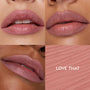 ColourPop So Juicy Plumping Lip Liner with Peptides, shade Love That, lines and fills lips in a cool mauve-pink on three models; grid features three close-up lip looks and a textured liner swatch labeled LOVE THAT.