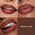 ColourPop So Juicy Plumping Lip Liner with Peptides in Mocha Latte defines and plumps lips - three close-up swatches show the rich mocha-brown shade on lips, next to a matching smear swatch labeled "MOCHA LATTE."