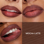 ColourPop So Juicy Plumping Lip Liner with Peptides in Mocha Latte defines and plumps lips - three close-up swatches show the rich mocha-brown shade on lips, next to a matching smear swatch labeled "MOCHA LATTE."
